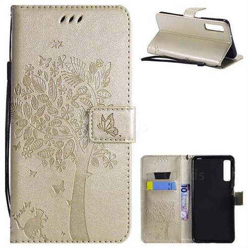 Embossing Butterfly Tree Leather Wallet Case for Samsung Galaxy A7 (2018) - Champagne