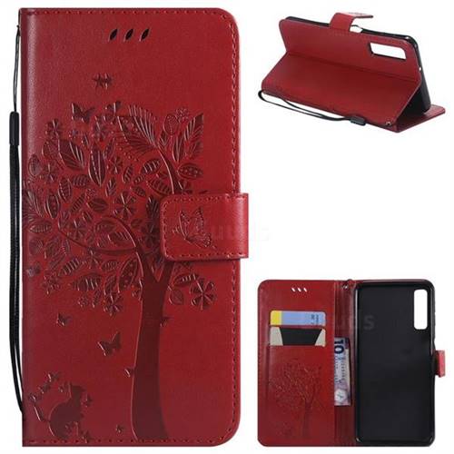 Embossing Butterfly Tree Leather Wallet Case for Samsung Galaxy A7 (2018) - Red
