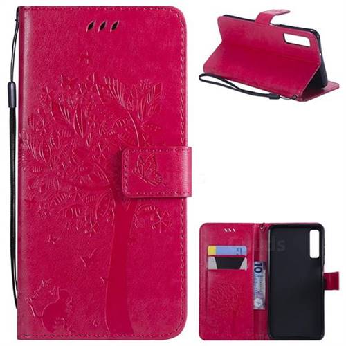 Embossing Butterfly Tree Leather Wallet Case for Samsung Galaxy A7 (2018) - Rose