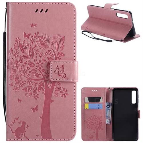 Embossing Butterfly Tree Leather Wallet Case for Samsung Galaxy A7 (2018) - Pink