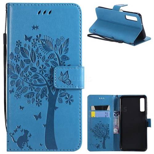 Embossing Butterfly Tree Leather Wallet Case for Samsung Galaxy A7 (2018) - Blue
