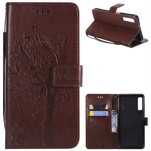 Embossing Butterfly Tree Leather Wallet Case for Samsung Galaxy A7 (2018) - Coffee