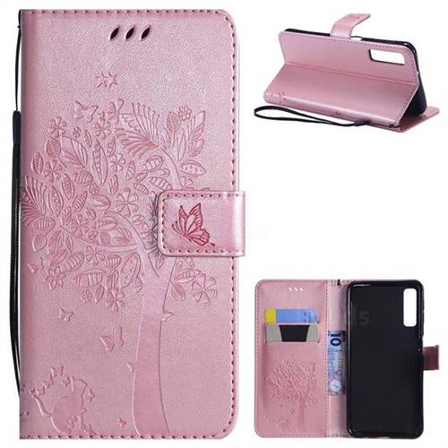 Embossing Butterfly Tree Leather Wallet Case for Samsung Galaxy A7 (2018) - Rose Pink
