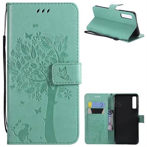 Embossing Butterfly Tree Leather Wallet Case for Samsung Galaxy A7 (2018) - Cyan
