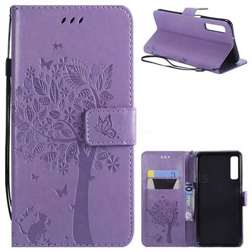 Embossing Butterfly Tree Leather Wallet Case for Samsung Galaxy A7 (2018) - Violet