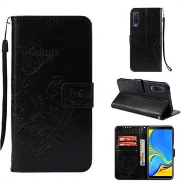 Embossing Butterfly Flower Leather Wallet Case for Samsung Galaxy A7 (2018) - Black