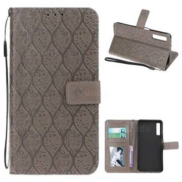 Intricate Embossing Rattan Flower Leather Wallet Case for Samsung Galaxy A7 (2018) - Grey