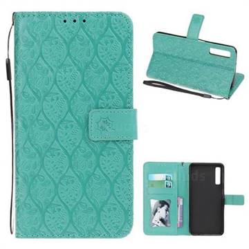 Intricate Embossing Rattan Flower Leather Wallet Case for Samsung Galaxy A7 (2018) - Green