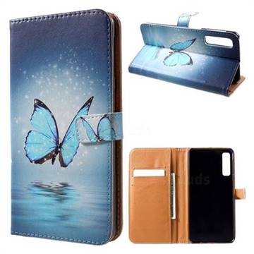 Sea Blue Butterfly Leather Wallet Case for Samsung Galaxy A7 (2018)