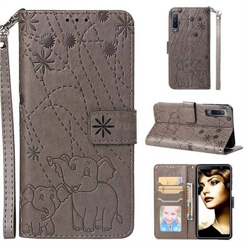 Embossing Fireworks Elephant Leather Wallet Case for Samsung Galaxy A7 (2018) - Gray