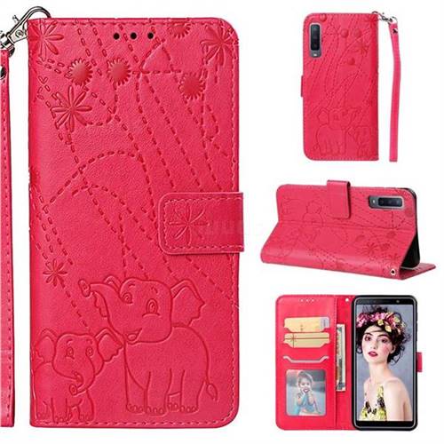 Embossing Fireworks Elephant Leather Wallet Case for Samsung Galaxy A7 (2018) - Red