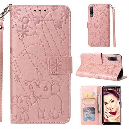 Embossing Fireworks Elephant Leather Wallet Case for Samsung Galaxy A7 (2018) - Rose Gold