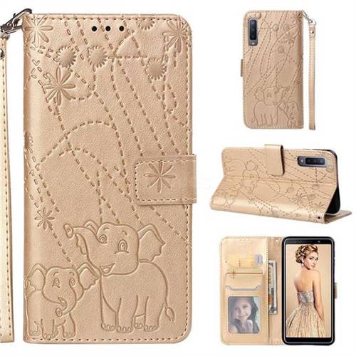 Embossing Fireworks Elephant Leather Wallet Case for Samsung Galaxy A7 (2018) - Golden