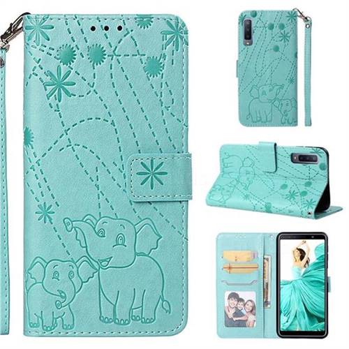 Embossing Fireworks Elephant Leather Wallet Case for Samsung Galaxy A7 (2018) - Green