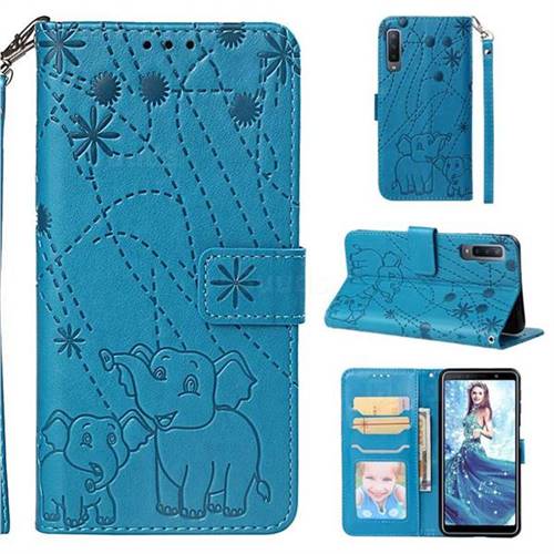 Embossing Fireworks Elephant Leather Wallet Case for Samsung Galaxy A7 (2018) - Blue