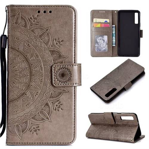 Intricate Embossing Datura Leather Wallet Case for Samsung Galaxy A7 (2018) - Gray