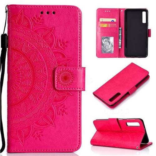 Intricate Embossing Datura Leather Wallet Case for Samsung Galaxy A7 (2018) - Rose Red