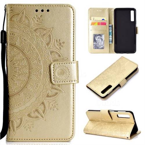 Intricate Embossing Datura Leather Wallet Case for Samsung Galaxy A7 (2018) - Golden