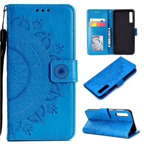 Intricate Embossing Datura Leather Wallet Case for Samsung Galaxy A7 (2018) - Blue