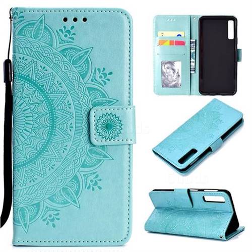 Intricate Embossing Datura Leather Wallet Case for Samsung Galaxy A7 (2018) - Mint Green
