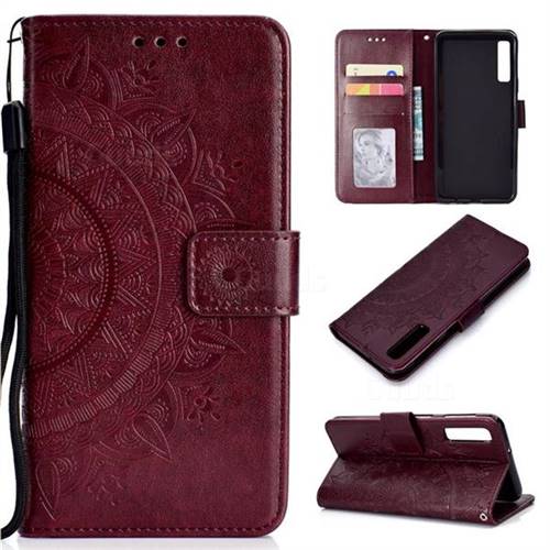 Intricate Embossing Datura Leather Wallet Case for Samsung Galaxy A7 (2018) - Brown