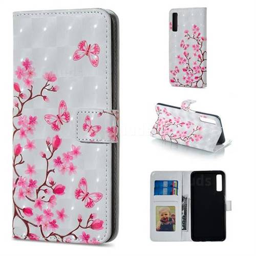Butterfly Sakura Flower 3D Painted Leather Phone Wallet Case for Samsung Galaxy A7 (2018)