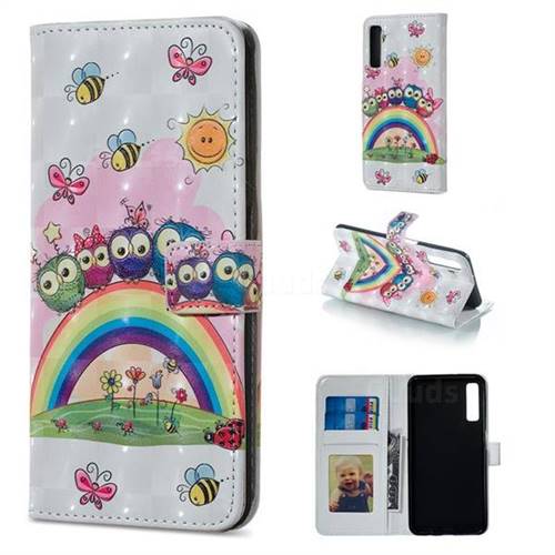 Rainbow Owl Family 3D Painted Leather Phone Wallet Case for Samsung Galaxy A7 (2018)