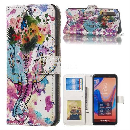 Flower Elephant 3D Relief Oil PU Leather Wallet Case for Samsung Galaxy A7 (2018) A750