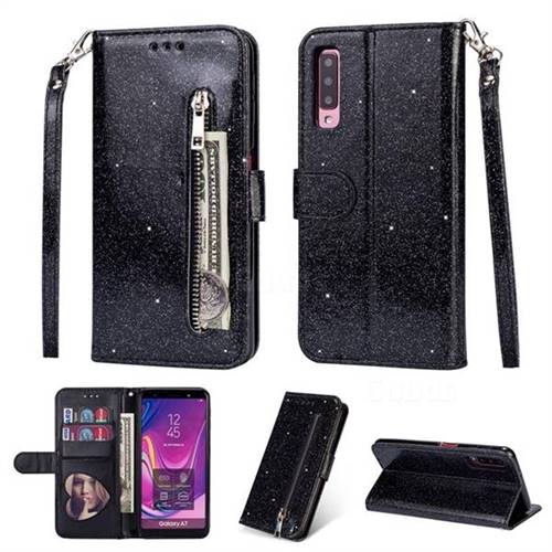 Glitter Shine Leather Zipper Wallet Phone Case for Samsung Galaxy A7 (2018) A750 - Black