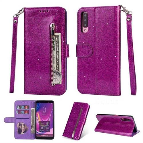 Glitter Shine Leather Zipper Wallet Phone Case for Samsung Galaxy A7 (2018) A750 - Purple