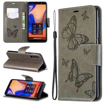 Embossing Double Butterfly Leather Wallet Case for Samsung Galaxy A7 (2018) A750 - Gray