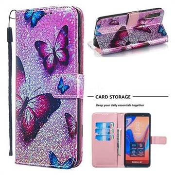 Blue Butterfly Sequins Painted Leather Wallet Case for Samsung Galaxy A7 (2018) A750