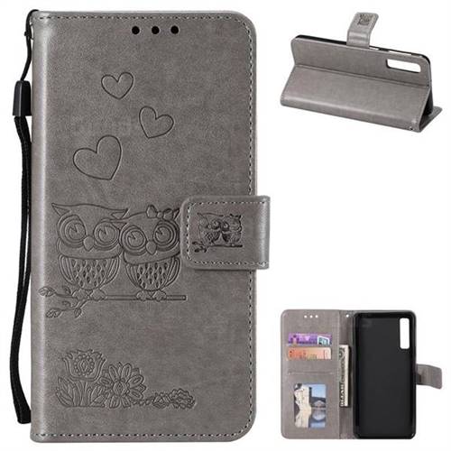 Embossing Owl Couple Flower Leather Wallet Case for Samsung Galaxy A7 (2018) A750 - Gray