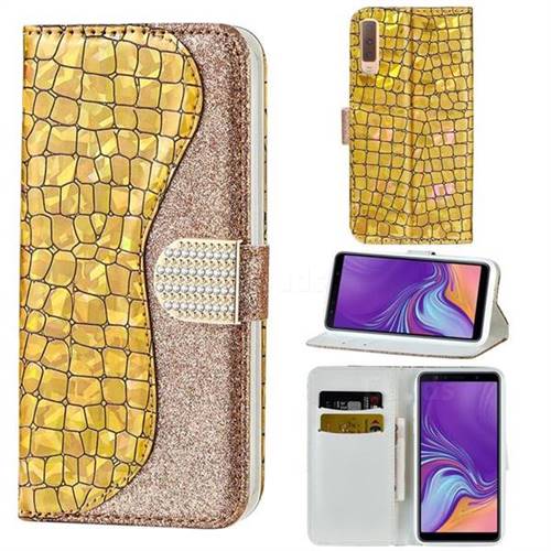 Glitter Diamond Buckle Laser Stitching Leather Wallet Phone Case for Samsung Galaxy A7 (2018) A750 - Gold