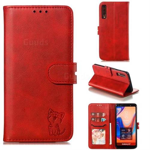 Embossing Happy Cat Leather Wallet Case for Samsung Galaxy A7 (2018) A750 - Red