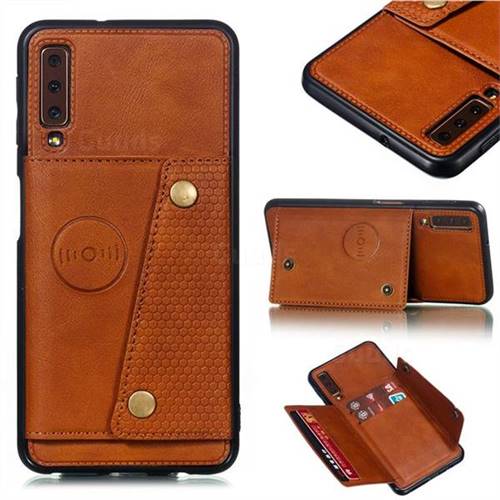 Retro Multifunction Card Slots Stand Leather Coated Phone Back Cover for Samsung Galaxy A7 (2018) A750 - Brown