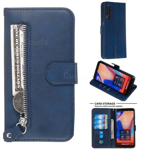 Retro Luxury Zipper Leather Phone Wallet Case for Samsung Galaxy A7 (2018) A750 - Blue