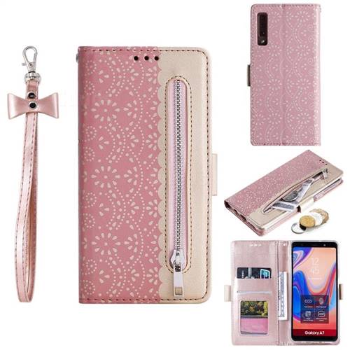 Luxury Lace Zipper Stitching Leather Phone Wallet Case for Samsung Galaxy A7 (2018) A750 - Pink