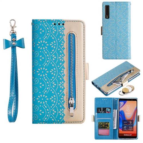 Luxury Lace Zipper Stitching Leather Phone Wallet Case for Samsung Galaxy A7 (2018) A750 - Blue