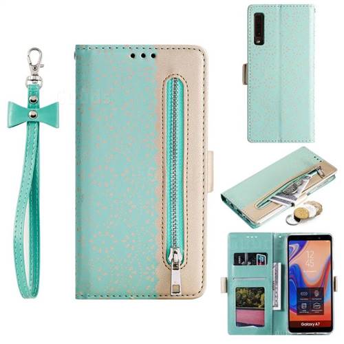 Luxury Lace Zipper Stitching Leather Phone Wallet Case for Samsung Galaxy A7 (2018) A750 - Green