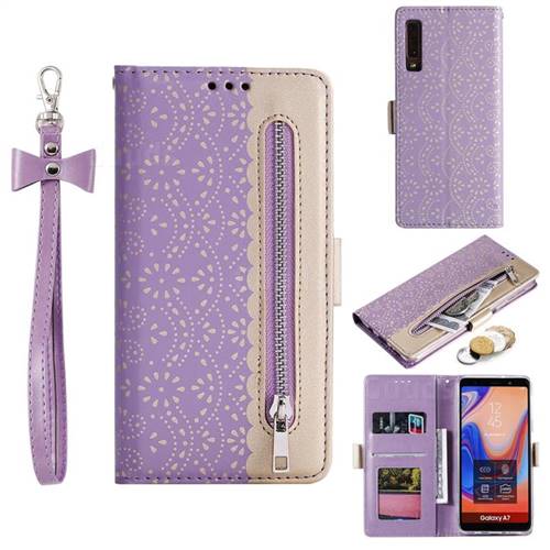 Luxury Lace Zipper Stitching Leather Phone Wallet Case for Samsung Galaxy A7 (2018) A750 - Purple