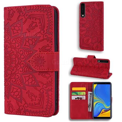 Retro Embossing Mandala Flower Leather Wallet Case for Samsung Galaxy A7 (2018) A750 - Red