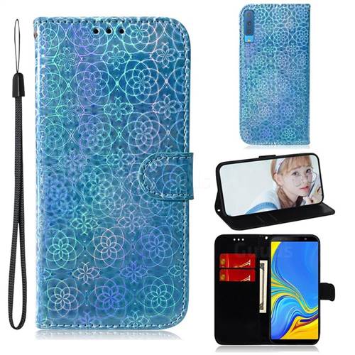 Laser Circle Shining Leather Wallet Phone Case for Samsung Galaxy A7 (2018) A750 - Blue