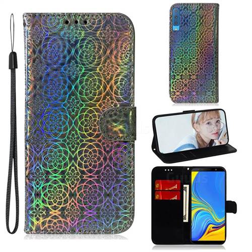 Laser Circle Shining Leather Wallet Phone Case for Samsung Galaxy A7 (2018) A750 - Silver