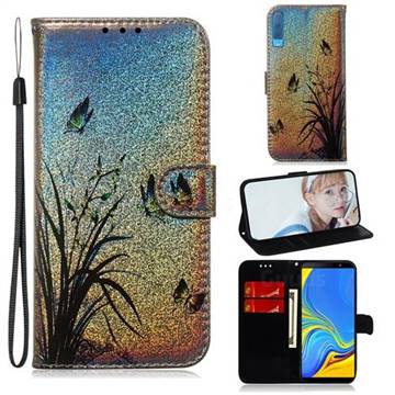 Butterfly Orchid Laser Shining Leather Wallet Phone Case for Samsung Galaxy A7 (2018) A750