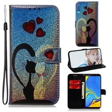 Love Cat Laser Shining Leather Wallet Phone Case for Samsung Galaxy A7 (2018) A750