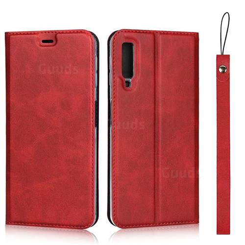 Calf Pattern Magnetic Automatic Suction Leather Wallet Case for Samsung Galaxy A7 (2018) A750 - Red