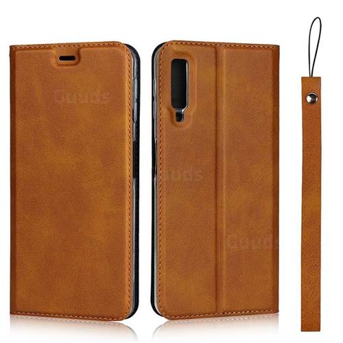 Calf Pattern Magnetic Automatic Suction Leather Wallet Case for Samsung Galaxy A7 (2018) A750 - Brown