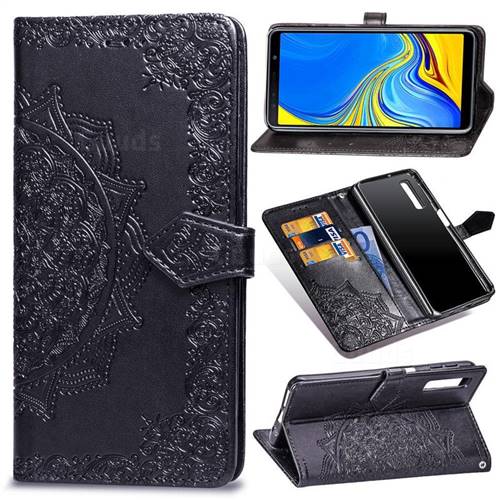 Embossing Imprint Mandala Flower Leather Wallet Case for Samsung Galaxy A7 (2018) A750 - Black