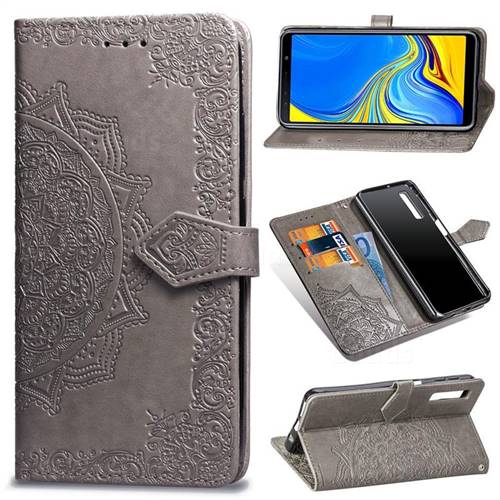 Embossing Imprint Mandala Flower Leather Wallet Case for Samsung Galaxy A7 (2018) A750 - Gray